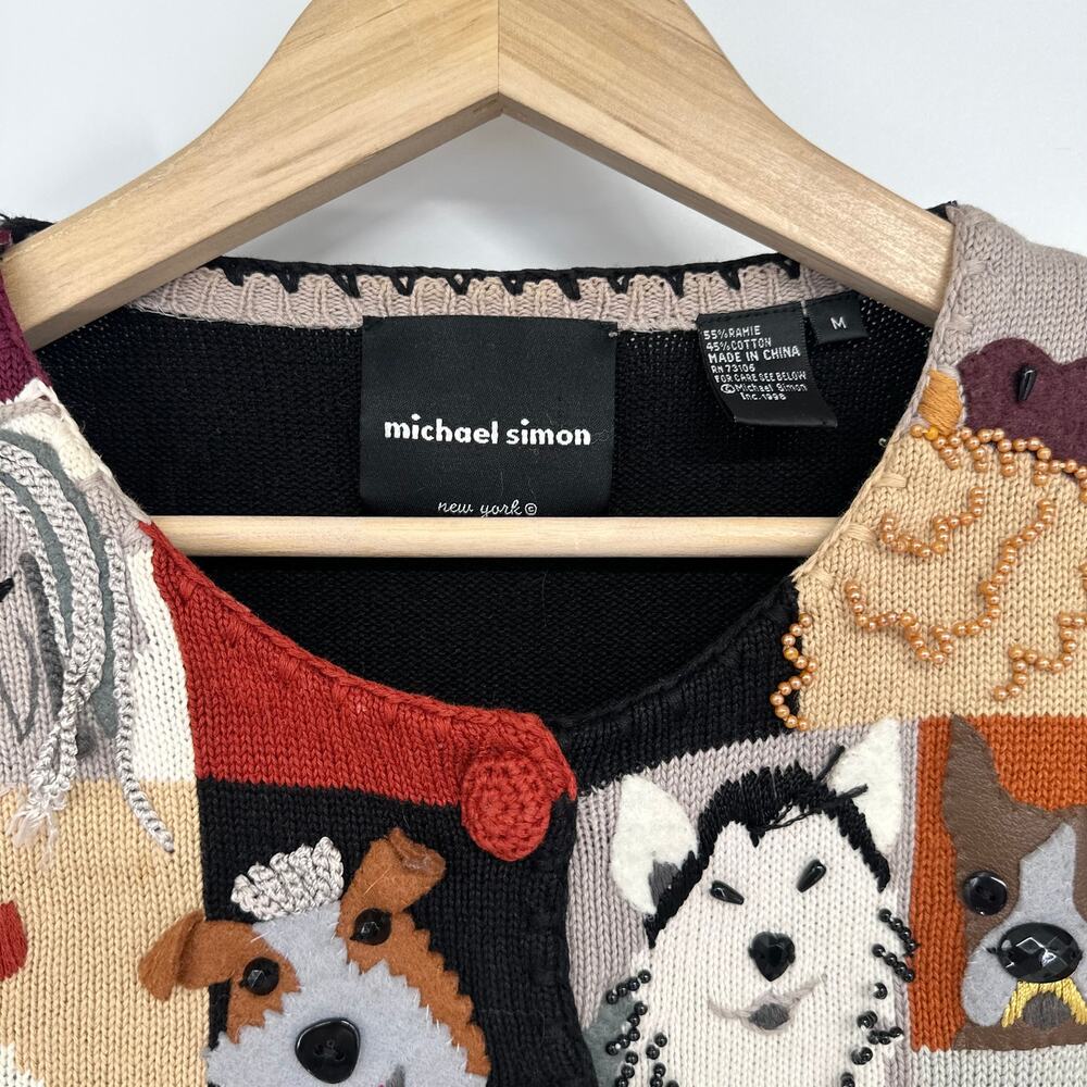 Michael Simon Vintage 90’s Dog Lover Patchwork Cardigan Sweater Beaded Novelty - Picture 8 of 13